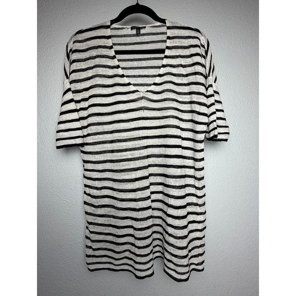 Eileen Fisher Knit Top Women's Small White Black Striped V-Neck‎ Quiet Luxury
